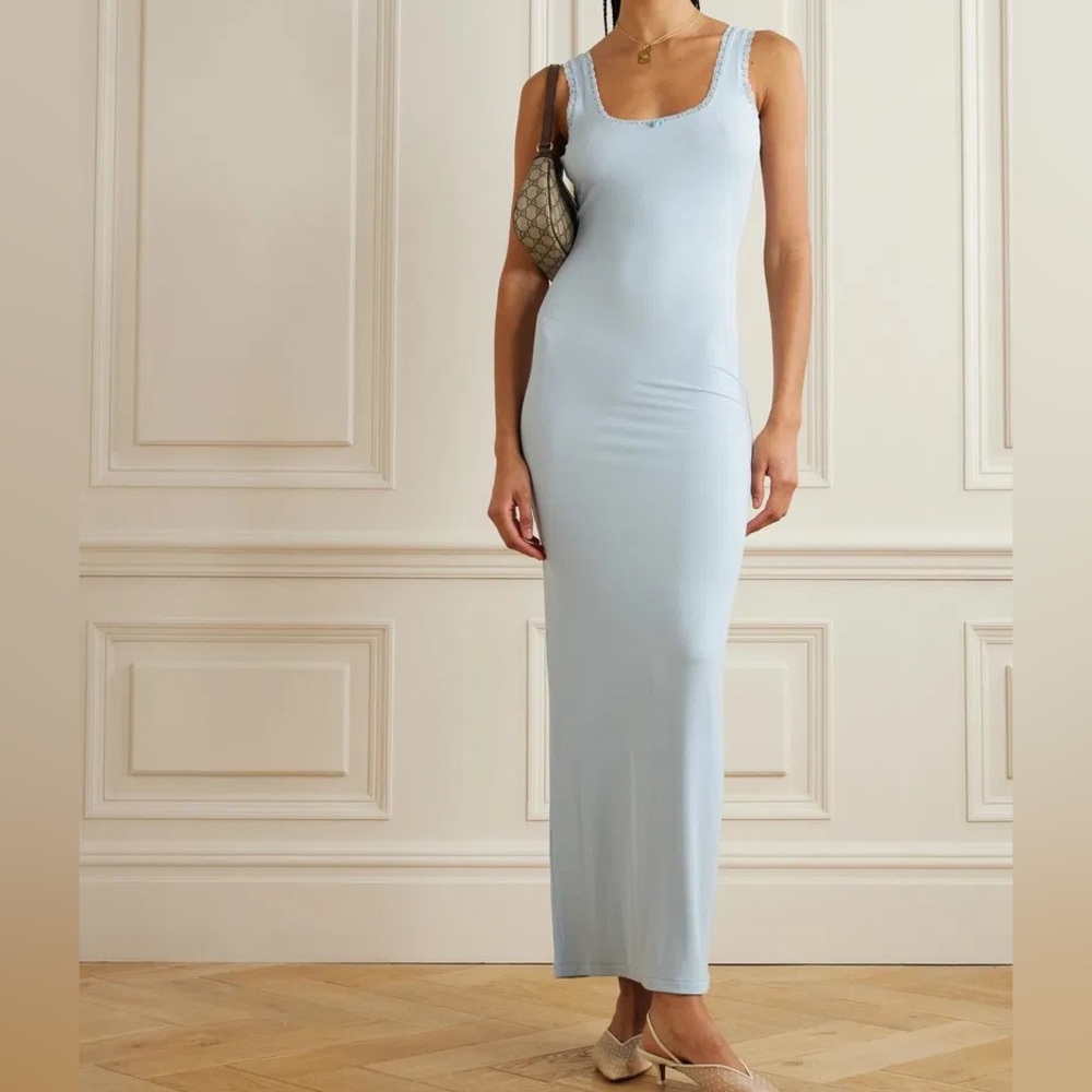 Skims Celeste Blue Soft Lounge Lace Scoop Neck Maxi Dress NWT XL